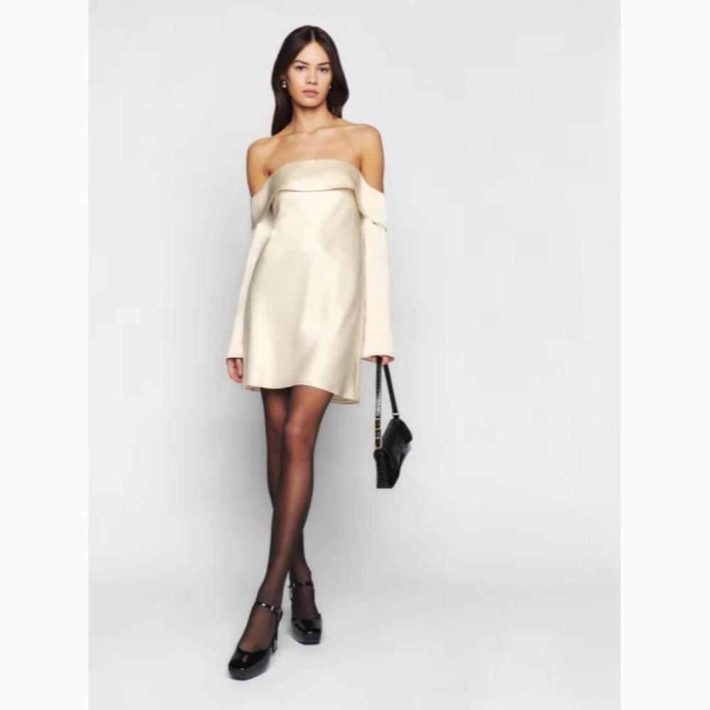 NWOT Reformation Maves Satin Dress in Almond Ivory White Off Shoulder Mi…
